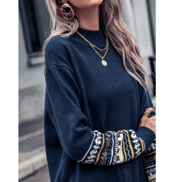 Navy Blue High Neck Sweater Nordic Geometric Tribal Aztec Print Pullover Knit - Picture 4 of 9